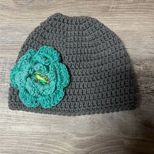 Gray Beanie with Green Flower Accent
